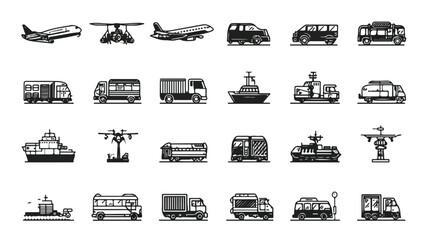 Professional Transport Silhouette Icons Set with Outlines for Creative Designs