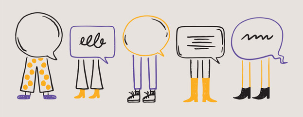 doodle hand drawn speech bubbles with legs. dialogue, advertising, message, meeting concept cartoon style. cute characters with speech bubbles. 