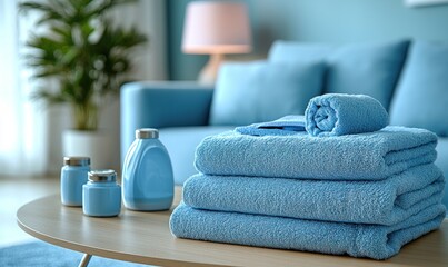 Blue towels and toiletries on a light wooden coffee table in a teal-toned living room
