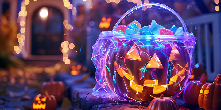 Spooky Halloween jack-o'-lantern candy bucket glows with colorful lights and treats on a festive night.