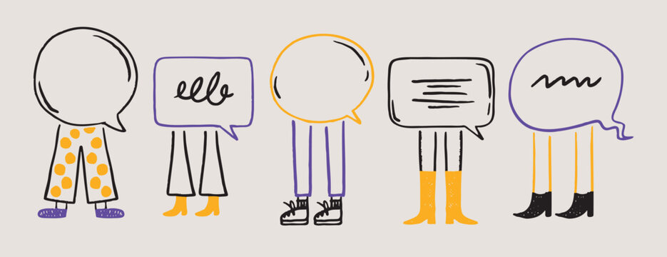 doodle hand drawn speech bubbles with legs. dialogue, advertising, message, meeting concept cartoon style. cute characters with speech bubbles. 