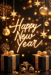 Celebrate the new year with sparkling decorations, golden ornaments, and beautifully wrapped gifts, setting a festive mood for joy and togetherness.