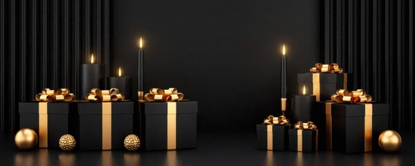 Elegant black and gold gift boxes adorned with candles and ornaments, set against a dark backdrop, perfect for celebrating special occasions.
