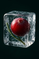 A festive cranberry and rosemary garnish frozen in a clear ice cube.