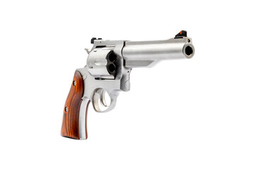 Steel Revolver Silver Handgun with Striped Wooden Handle on a transparent background