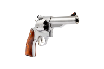 Steel Revolver Silver Handgun with Striped Wooden Handle on a transparent background