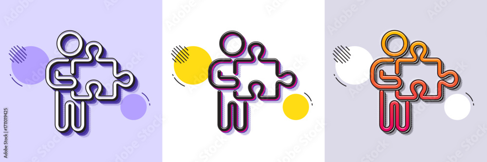 Poster man with puzzle line icon. halftone dotted pattern. gradient icon with grain shadow. jigsaw piece si