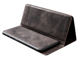 Dark brown leather phone case, open, displaying phone