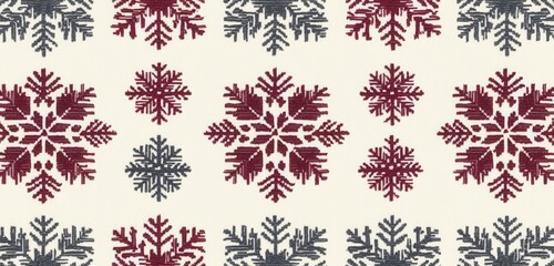 Seamless Nordic-inspired sweater pattern featuring intricate red and gray snowflakes
