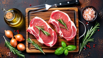 top-down picture of two raw, marbled steaks are placed on a dark wooden cutting board. rich red with visible marbling and are garnished with sprigs of fresh rosemary