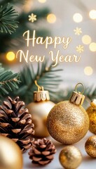Festive new year’s composition featuring sparkling golden ornaments and pinecones, set against a soft bokeh background. celebrate the holiday season with joy and elegance.