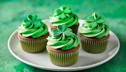 Green cupcakes with shamrock decorations representing a St. Patrick's Day treat