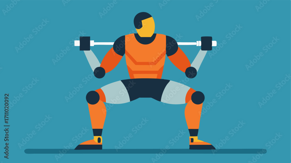 Poster exercising an athletic individual in a robotic exoskeleton performing squats with the device enhanci