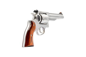 Steel Revolver Silver Handgun with Striped Wooden Handle on a transparent background