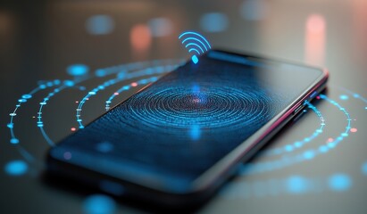 Close-up of a smartphone with a futuristic interface displaying an upward-pointing arrow and digital data stream