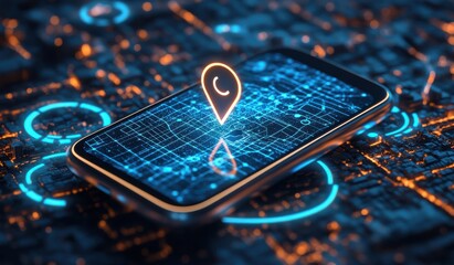 Smartphone with digital city map and navigation pin lighting up on the screen on a futuristic network background