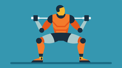 Exercising An athletic individual in a robotic exoskeleton performing squats with the device enhancing their range of motion and strength during the exercise.