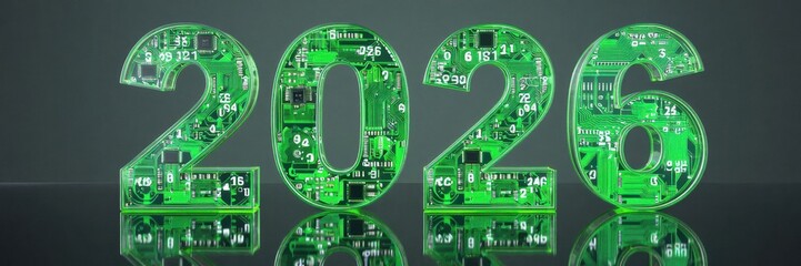 A futuristic representation of the year 2026, featuring numbers crafted from green circuit board patterns, symbolizing technology and innovation.