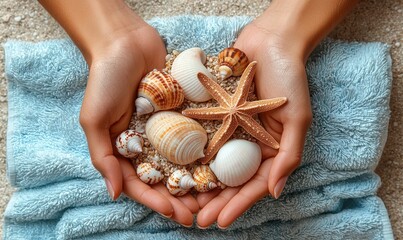 Woman's hands holding seashells and starfish on a sandy beach