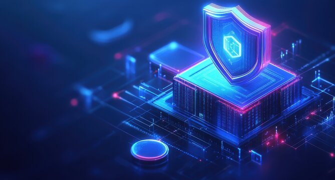 Isometric digital security concept with a glowing shield on a blue circuit board background