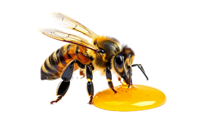Honey bee enjoying drop of fresh golden honey on transparent background