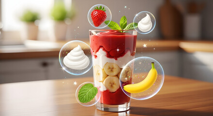 A vibrant strawberry and banana smoothie being prepared in a blender with holographic icons of its ingredients floating around it