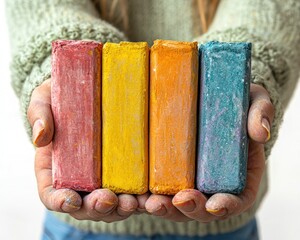 Child's hands holding colorful crayons