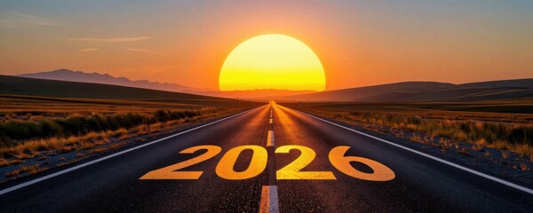 Scenic road leading towards a vibrant sunset, marked with "2026," symbolizing hope and new beginnings.