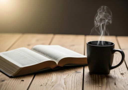 Open Bible and Steaming Coffee Mug on Rustic Wooden Table