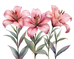 Delicate pink lilies against a white background.  Watercolor style