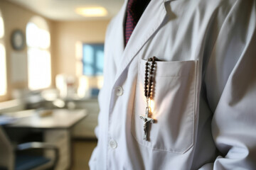 Rosary in White Lab Coat with Sunlight in Medical Office