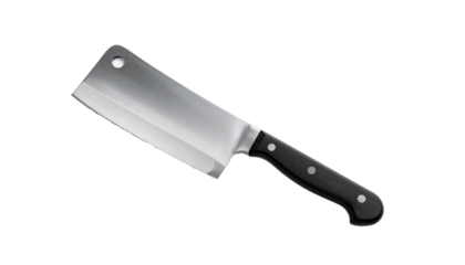 Large sharp butcher knife with black handle on transparent background