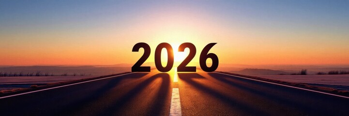 A captivating sunrise over an open road, with the year "2026" prominently displayed, symbolizing new beginnings and future possibilities.