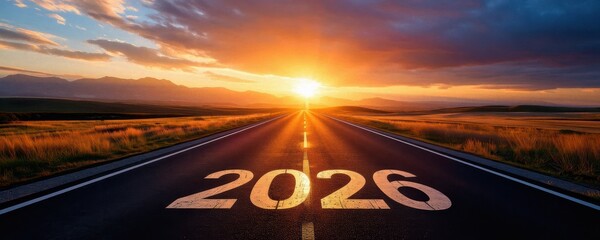 A stunning sunset over a long, empty road marked with the year 2026, symbolizing new beginnings and future journeys.