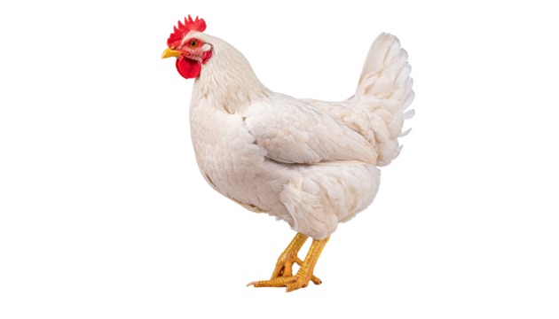 White broiler chicken standing on transparent background