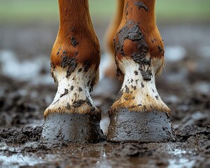 Close-up of muddy horse hooves