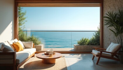 Obraz premium Modern apartment balcony offers serene ocean view with comfortable lounge furniture. Enjoy peaceful relaxation on a sunny day with sea breeze and clear blue sky.