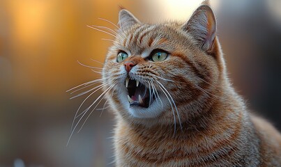 Close-up of a ginger cat with an open mouth.  A soft-focus background
