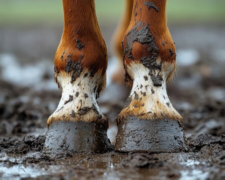 Close-up of muddy horse hooves