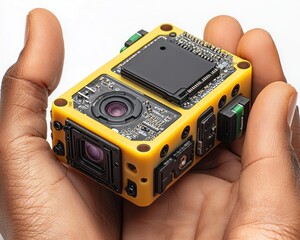 A small, yellow, hand-held camera with visible electronic components