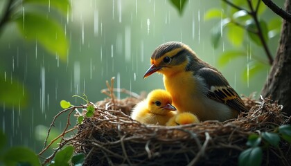 Mother bird protects two small yellow fluffy chicks in cozy nest. Gentle rain falls on vibrant green leaves. Adult bird keeps young safe, dry on tree branch. Wild animal family shows strong natural