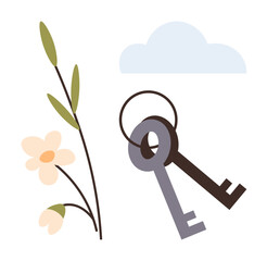 Two vintage keys on a ring, a flower stem with leaves and buds, and a soft blue cloud evoke calm and simplicity. Ideal for themes thumbs up nature, security, home, serenity, simplicity, minimalism