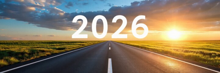 A scenic road leading to a bright sunrise, symbolizing new beginnings and the year 2026.