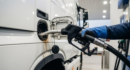 Close-up of a white truck being refueled at a modern gas station. Focus on the fuel nozzle held by an unseen worker. Ultra-realistic, premium lighting, perfect for logistics and transport visuals