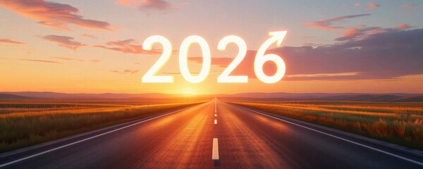 A scenic road leading toward a stunning sunset, featuring the year "2026" prominently displayed, symbolizing new beginnings and opportunities.