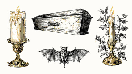 Vintage Engraved Coffin Candle Illustration Set