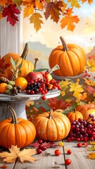 Autumn Harvest Display with Pumpkins and Fruits.
