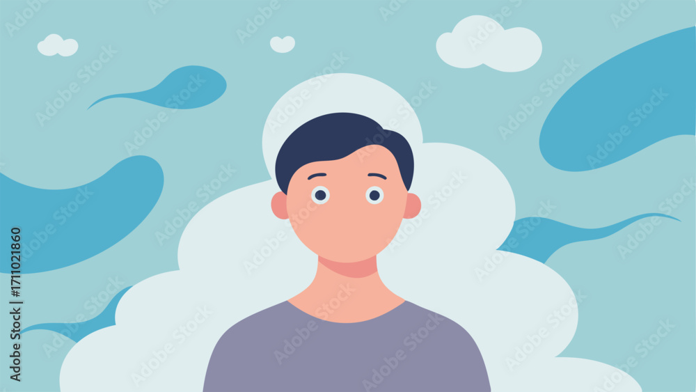 Poster anxiety relief with clouds a patient looking up with a smile as swirling virtual clouds in soft colo