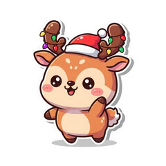 Naklejka premium Cute Cartoon Reindeer with Christmas Hat and Antlers