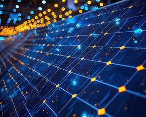 Close-up view of solar panels illuminated with glowing lights.  Abstract and technological